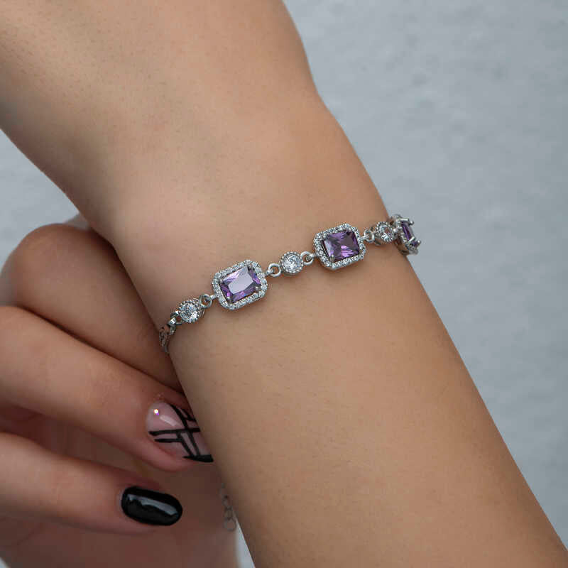 Sterling Silver Amethyst Baguette Bracelet - Elegant Halo Design