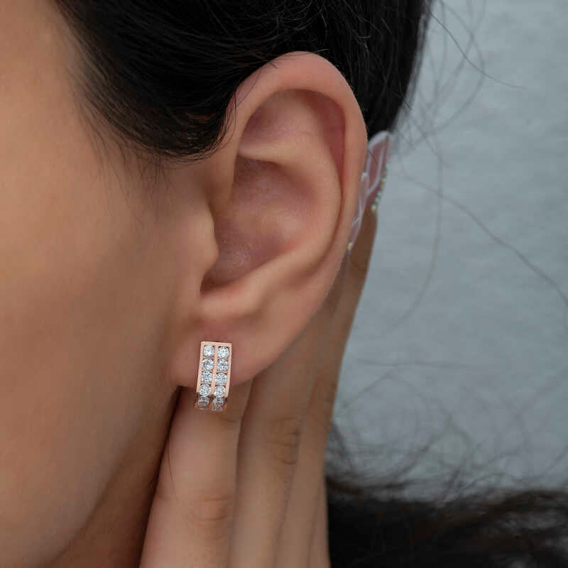 Rose Gold Plated Sterling Silver - Double Row CZ Huggie Hoop Earrings