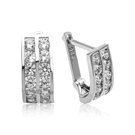 Sterling Silver - Double Row Cubic Zirconia J-Hoop Earrings