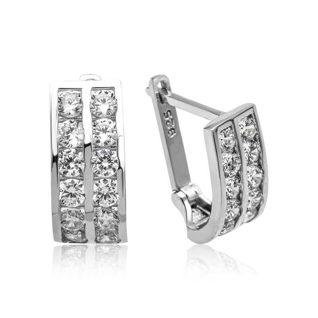 Sterling Silver - Double Row Cubic Zirconia J-Hoop Earrings