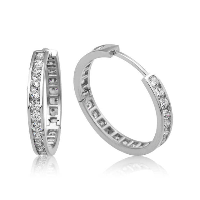Sterling Silver Cubic Zirconia Channel Set Eternity Hoop Earrings