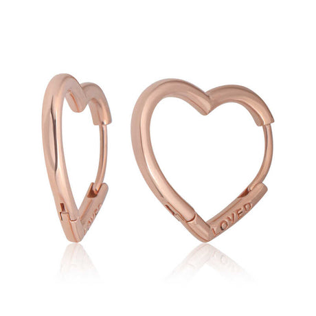 Rose Gold Plated Heart Hoop Earrings - Minimalist 'Loved' Engraving