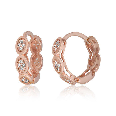Rose Gold Plated Sterling Silver Zirconia Oval Cluster Huggie Hoop Earrings
