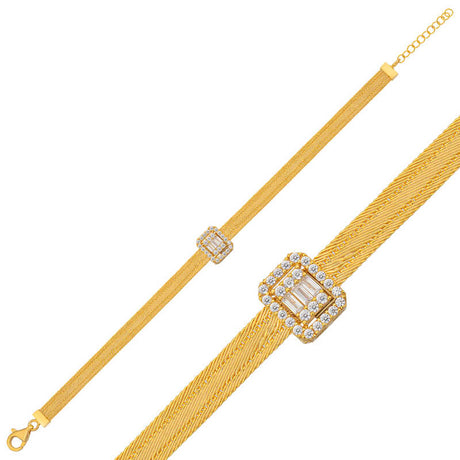 Gold-Tone Trabzon Mesh Bracelet - Clear Baguette & Round CZ Statement