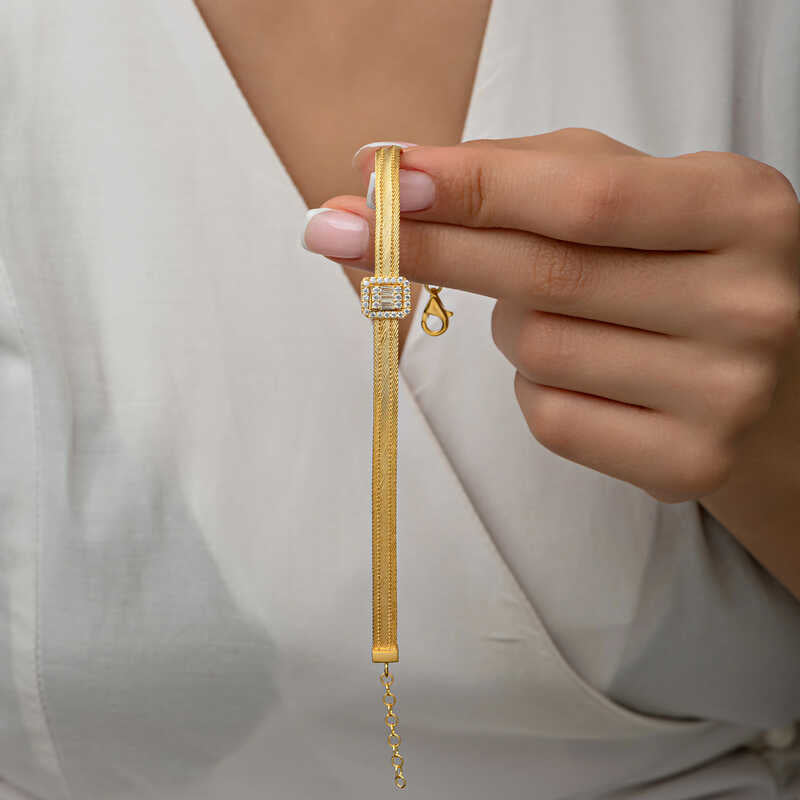 Gold-Tone Trabzon Mesh Bracelet - Clear Baguette & Round CZ Statement