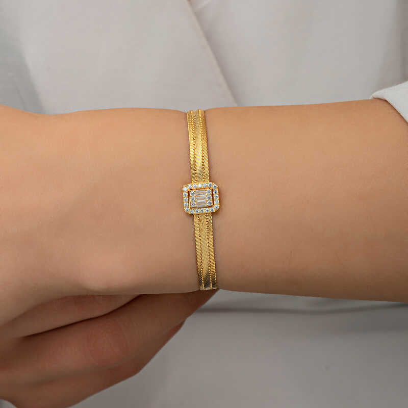 Gold-Tone Trabzon Mesh Bracelet - Clear Baguette & Round CZ Statement