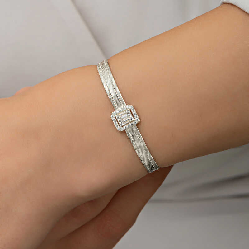 Silver-Tone Woven Mesh Bracelet - Baguette & Pave Stone Statement