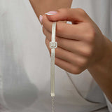 Silver-Tone Woven Mesh Bracelet - Baguette & Pave Stone Statement