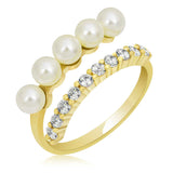 Gold-Tone Open Ring - Elegant Pearl & Cubic Zirconia Double Band