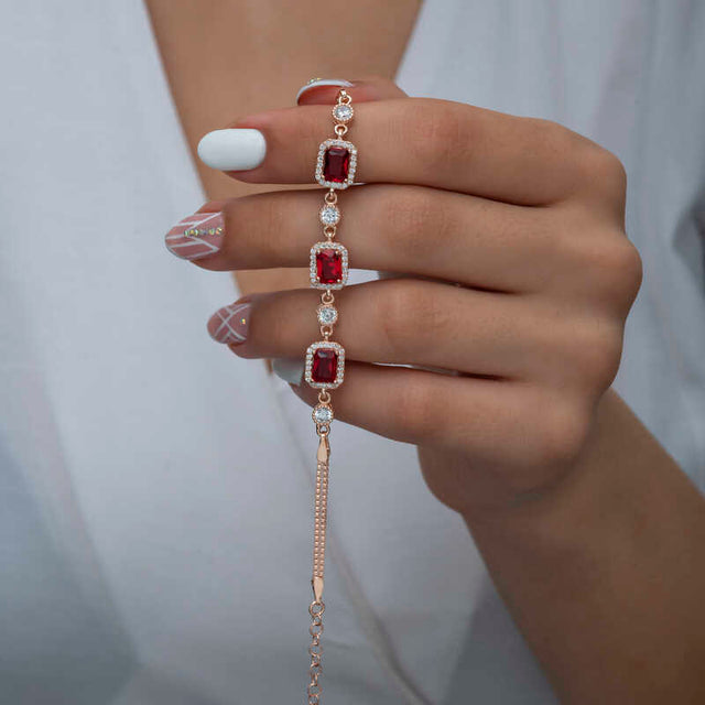 Bracelet - Rose Gold Plated Silver Rectangular Red Stone Halo