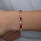 Bracelet - Rose Gold Plated Silver Rectangular Red Stone Halo