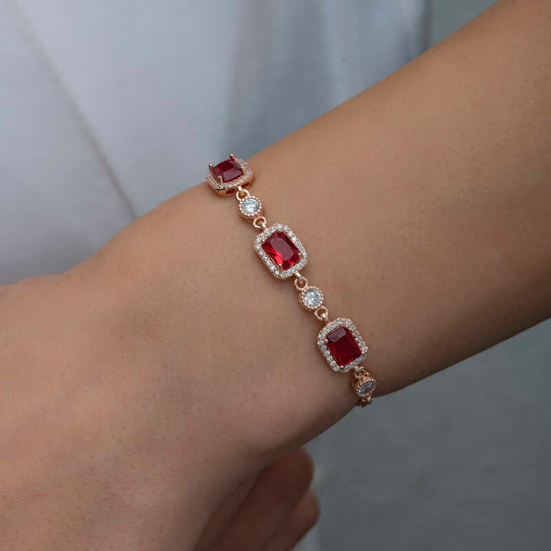 Bracelet - Rose Gold Plated Silver Rectangular Red Stone Halo