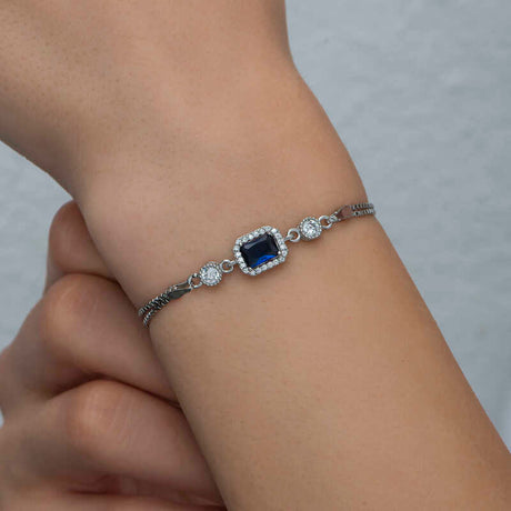 Sterling Silver Bracelet - Elegant Dark Blue Baguette Stone & CZ Halo