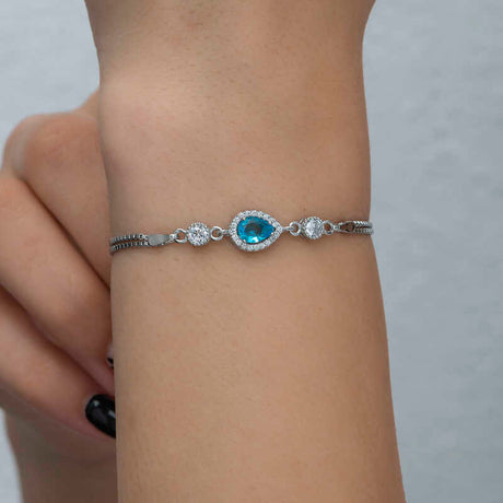 Sterling Silver Blue Teardrop & CZ Adjustable Bolo Bracelet