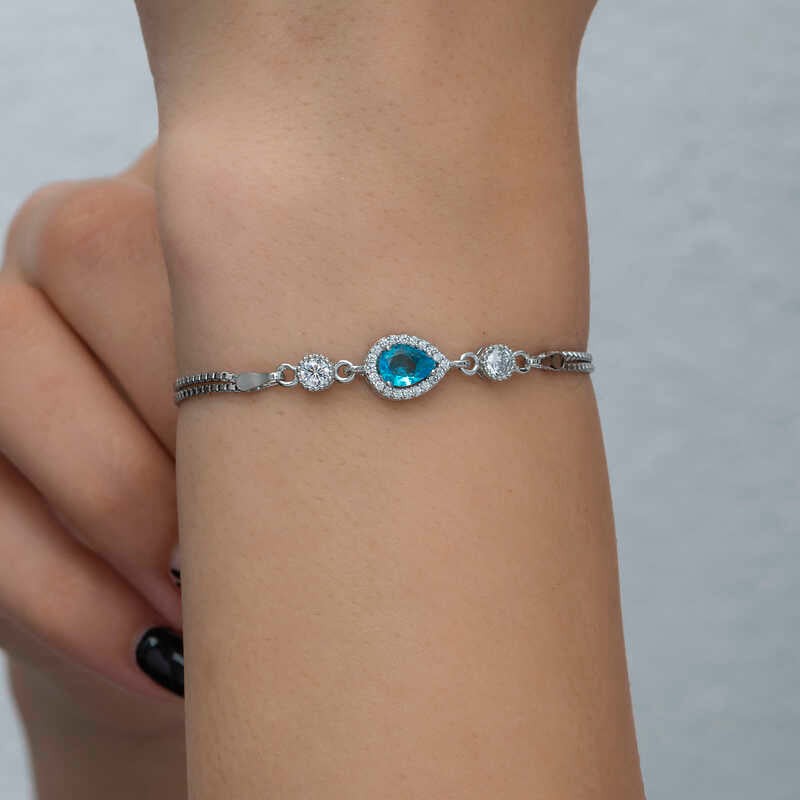 Sterling Silver Blue Teardrop & CZ Adjustable Bolo Bracelet