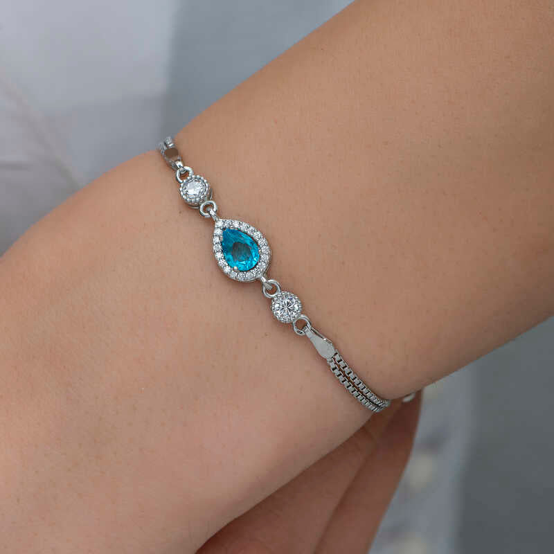Sterling Silver Blue Teardrop & CZ Adjustable Bolo Bracelet