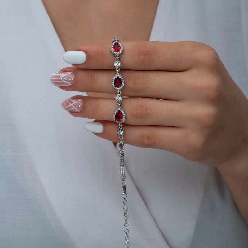 Sterling Silver Red Teardrop & Clear Stone Line Bracelet