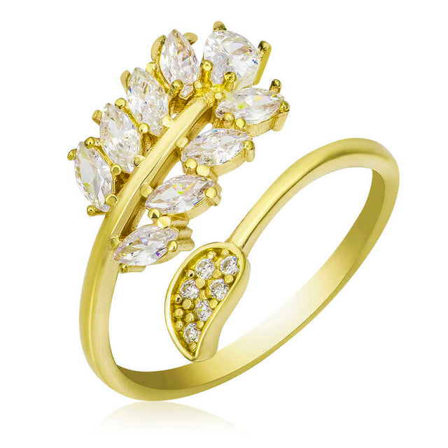 Adjustable Gold-Tone Ring - Sparkling White Stone Leaf Design