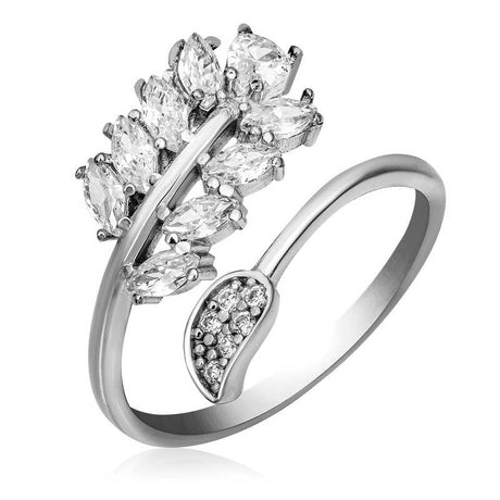 Adjustable Ring - Sterling Silver Clear CZ Leaf Branch Design
