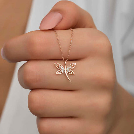 Rose Gold Plated Dragonfly Pendant Necklace - Sparkling Cubic Zirconia