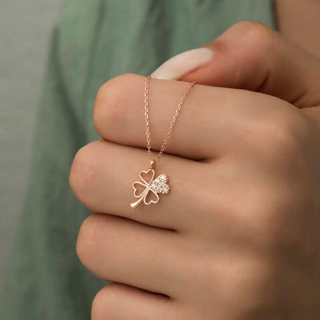 Rose Gold Plated Clover Necklace - Dainty Heart Leaf & CZ