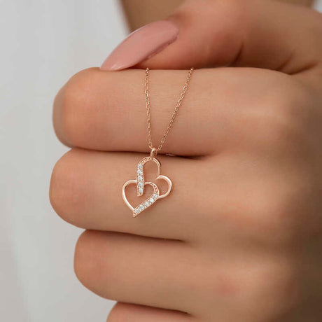 Rose Gold Tone Interlocking Hearts Necklace - Dainty Pave Cubic Zirconia