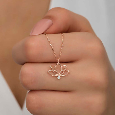 Necklace - Rose Gold Plated Lotus Flower with Sparkling Stone