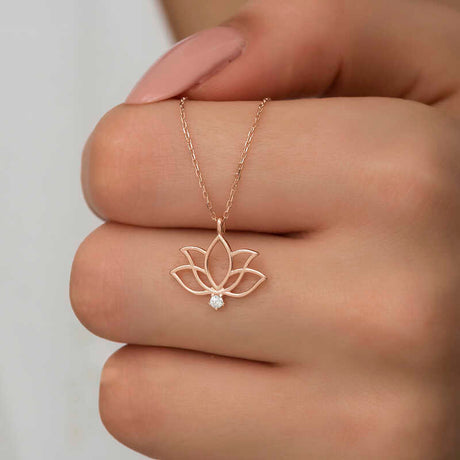 Necklace - Rose Gold Plated Lotus Flower with Sparkling Stone