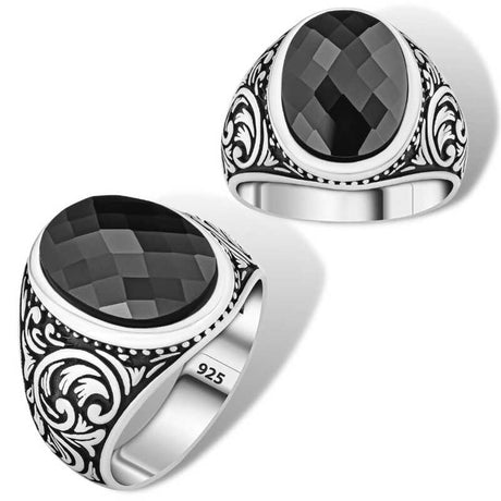 Premium Mens Sterling Silver Black Zircon Oval Ring