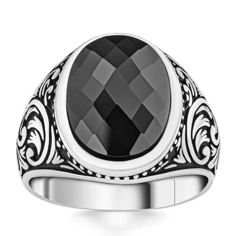 Premium Mens Sterling Silver Black Zircon Oval Ring