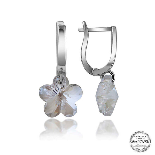 Swarovski Crystal Dangle Earrings - Sterling Silver Flower & Drop