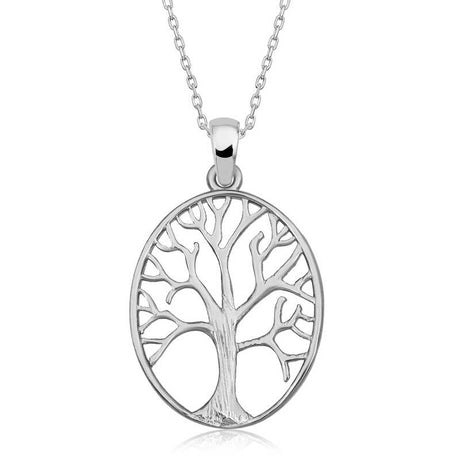 Sterling Silver Tree of Life Oval Pendant Necklace - Symbolic Elegance