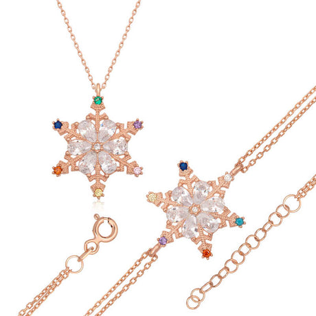 Rose Gold Tone Snowflake Necklace & Bracelet Set - Sparkling Rainbow Gemstones