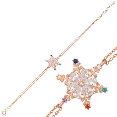 Rose Gold Plated Sterling Silver Snowflake Bracelet with Multi-Color Zirconia