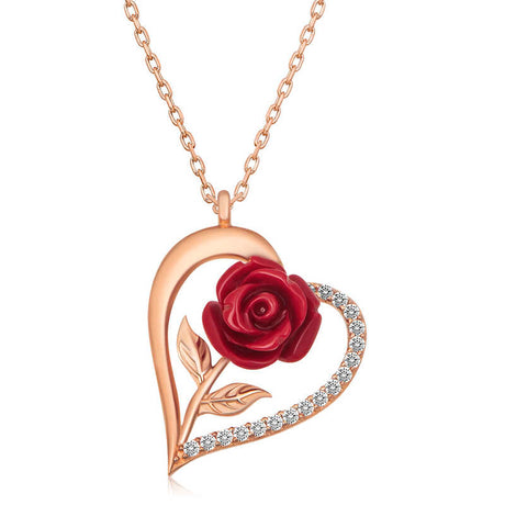 Necklace - Rose Gold Tone Heart with Red Rose & Sparkling Accents