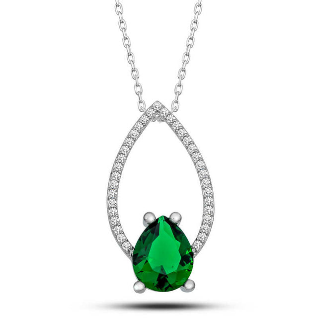 Necklace - Sterling Silver Green Pear Cut Zirconia Teardrop Pendant