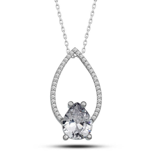 Necklace - Sterling Silver Teardrop Pendant with Pear-Cut Stone