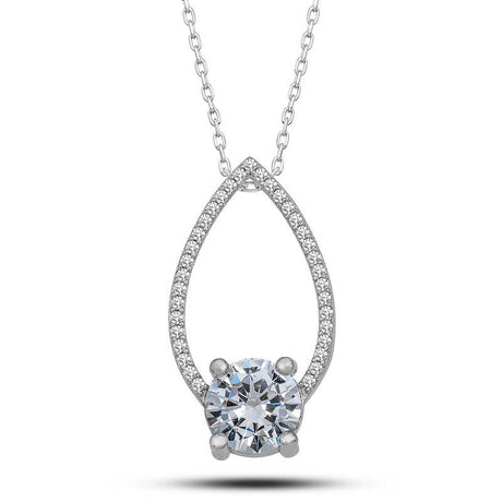 Sterling Silver Teardrop Solitaire Necklace - Pavé CZ Design