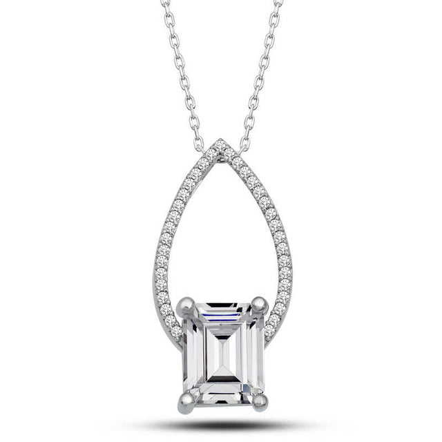 Elegant Silver-Tone Teardrop Emerald Cut Stone Necklace