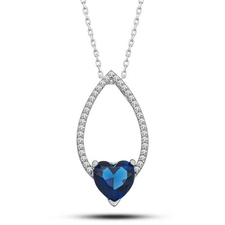Necklace - Sterling Silver Blue Heart Drop Pendant with Sparkling Accents