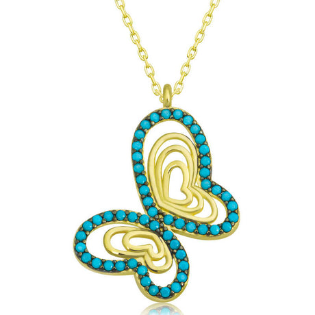 Dainty Gold-Tone Butterfly Pendant Necklace with Turquoise Stones