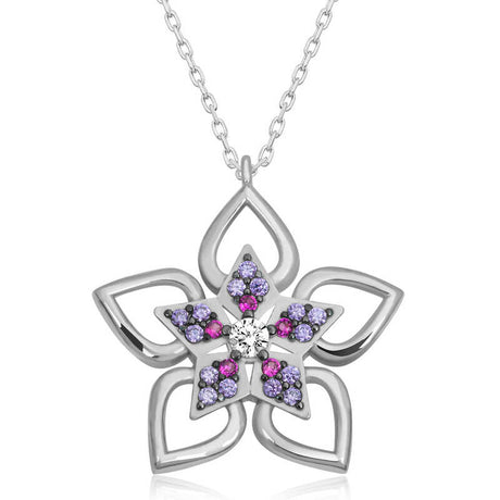 Necklace - Sterling Silver Multi-Color Gemstone Flower Pendant