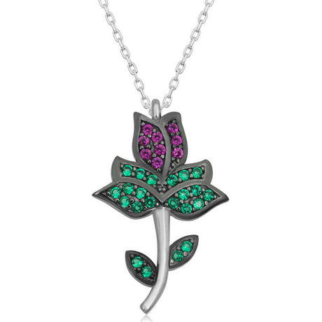 Necklace - Sterling Silver Green & Magenta Zirconia Statement Tulip Pendant