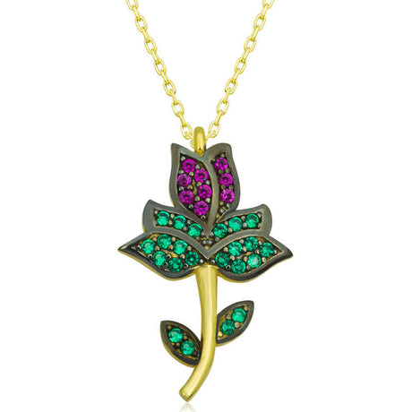 Gold-Tone Tulip Flower Necklace - Pink & Green Gemstone Pendant