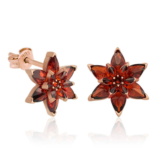 Rose Gold Plated Sterling Silver Red Gemstone Flower Stud Earrings