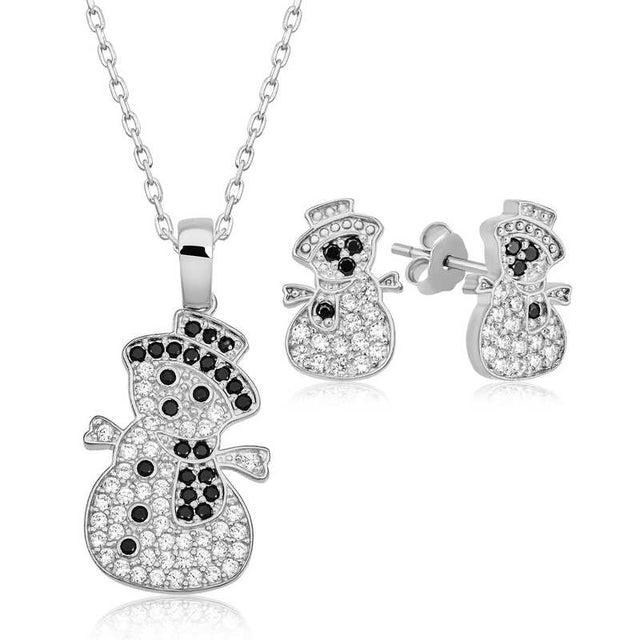 Sterling Silver Snowman Jewelry Set - Sparkling Cubic Zirconia Necklace & Earrings