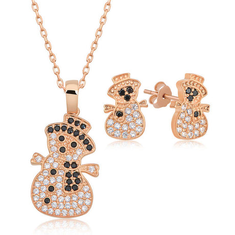 Snowman Jewelry Set - Rose Gold Plated Zirconia Festive Design
