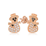 Rose Gold Plated Snowman Stud Earrings - Sparkling Cubic Zirconia