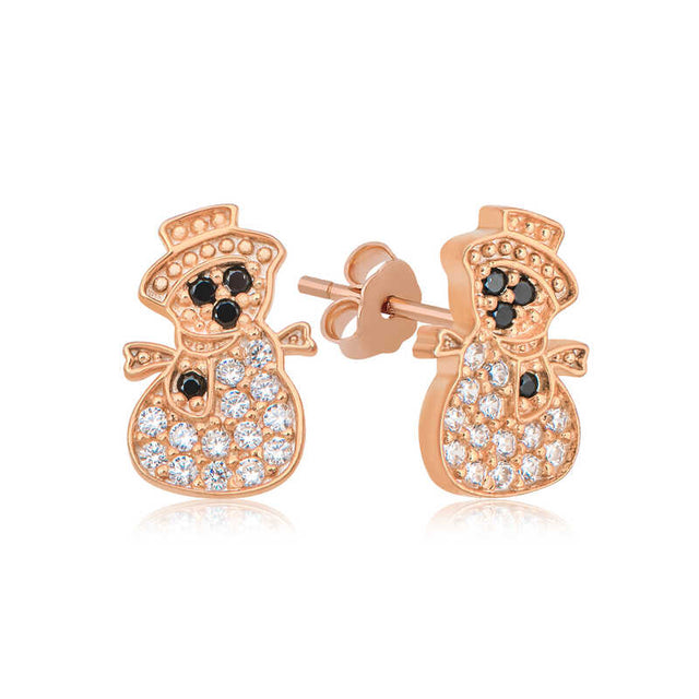 Rose Gold Plated Snowman Stud Earrings - Sparkling Cubic Zirconia