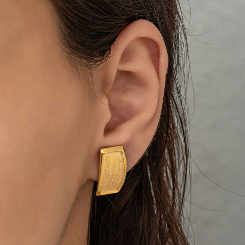 Stud Earrings - Yellow Gold-Tone Woven Textured Design